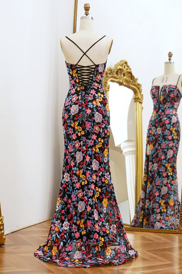 Floral Mermaid Black Spaghetti Straps Long Prom Dress with Slit